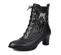 CRETUAO Women Victorian Lace Booties Comfort Round Toe Wedding Bridal Kitten Heel Ankle Boots Party Dress Witch Low Heel Retro Lace Up Boots,1 Black,5 UK