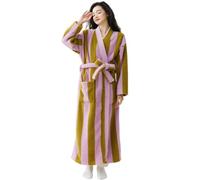 CRETUAO Womens Color Striped Terry Cloth Long Robe Soft Absorbent Coral Fleece Spa Bathrobe Warm Cute Plush House Coat,Pink,M
