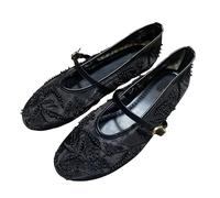 CRETUAO Women's Embroidered Beads Ballet Flat,Pearls Mesh Buckle Strap Mary Jane Flats,Comfort Cute Causal Daily Dress Shoes,Black,3.5 UK