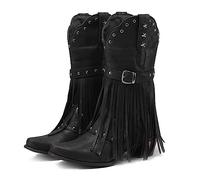 CRETUAO Women's Fringe Rivet Western Boot,National Style Embroidered Low Heel Comfort Mid-Calf Boots,Classic Chunky Heel Wide Calf Riding Cowgirl Cowboy Boots,Black 2,8 UK