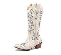 CRETUAO Women's Glitter Rhinestones Knee High Cowgirl Boots,Embroidery Pointed Toe Chunky Heel Mid Calf Boots,Casual Cozy Pull-on Low Block Heel Western Cowboy Boots,Beige,6 UK