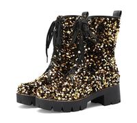 CRETUAO Women's Glitter Sequin Lace Up Combat Boots,Sparkly Round Toe Platform Chunky High Heel Ankle Boots,Luxury Purple Wedding Party Booties,Gold,5.5 UK