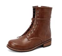 CRETUAO Women's Lace-Up Combat Boots,Fashion Round Toe Low Heel Winter Ankle Boots,Comfortable Casual Zipper Outdoor Riding Boots,Brown,7.5 UK