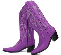 CRETUAO Women's Metallic Cowgirl Boots,with Unique Embroidered Pointy Toe Wide Calf Boots,Comfortable Chunky Low Heel Knee High Boots,Purple,3.5 UK
