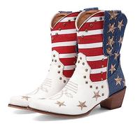 CRETUAO Women's Rivet Embroidered Western Cowboy Booties,Fashion Fringe Pointed Toe Low Heel Comfort Boots,Five Star Stripe Color Block Chunky Heel Ankle Boots,White,6 UK