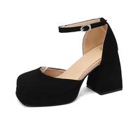 CRETUAO Women's Sexy Closed SquareToe Ankle Strap Mary Jane Shoes,Sexy Platform Block Heel Heels Pumps,Elegant Party Dress Heel Sandals,Black Suede,5.5 UK