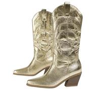 CRETUAO Women's Shiny Fashion Mid Tube Boots,Vintage Embroidered Pointed Toe Low Slip On Western Cowboy Boots,Metallic Chunky Heel Wide Calf Knee-High Boots,Gold,5 UK