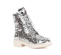 CRETUAO Women's Stylish Glitter Sequin Combat Boots,Comfortable Low Chunky Heel Lace Up Ankle Boots,Luxury Sequin Wedding Party Round Toe Booties,Silver,6 UK