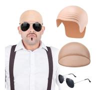Cretvestsar 4Pcs Adult Bald Cap Pitbull, Mr Worldwide Costume, Bald Cap | Costume Kit, Realistic Cosplay Accessory Set with Hair Net Sunglasses Soul Patch for Halloween Fancy Dress Themed Parties