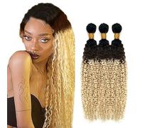 Creuost Bundles Human Hair Extension Kinky Curly Bundles 100% Unprocessed Brazilian Virgin Hair 1b/4/613 Ombre Brown Blonde No Tangles No Smell For Women 3 Bundles Total 300g 26 28 30 Inch
