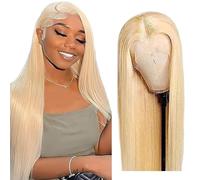 Creuost Real Hair Wig, 4x4 Transparent Lace Front Straight Lace Front Human Hair Wig, Brazilian Virgin Hair, No Tangle, No Shedding for Women, #613 Light Blonde, 14 Inches (35.5 cm)
