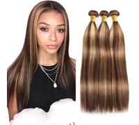 Creuost Real Hair Wig, Straight Human Hair Bundles, 100% Unprocessed Brazilian Hair, Long Hair, P4/27 Highlight Brown Hair Extensions, Weave, 3 Bundles, Total 300 g, 12 14 16 Inches