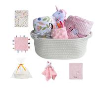 CREVENT Baby Welcome Gift Set Storage Basket with Two Blankets+ A Security Blanket + A Taggie + A Gift Bag with Ribbon (Pink)