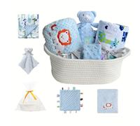 CREVENT Baby Welcome Gift Set Storage Basket with Two Blankets+ A Security Blanket + A Taggie + A Gift Bag with Ribbon (Blue)