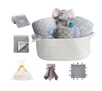 CREVENT Baby Welcome Gift Set Storage Basket with Two Blankets+ A Security Blanket + A Taggie + A Gift Bag with Ribbon (Grey)