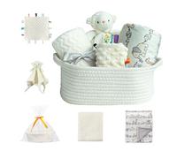 CREVENT Baby Welcome Gift Set Storage Basket with Two Blankets+ A Security Blanket + A Taggie + A Gift Bag with Ribbon (Ivory)