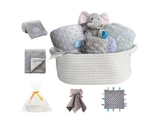 CREVENT Baby Welcome Gift Set Storage Basket with Two Blankets+ A Security Blanket + A Taggie + A Gift Bag with Ribbon (Grey)