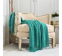 CREVENT Boho Crochet Textured Knitted Throw Blanket for Couch Sofa Chair Bed Decoration, Gift Idea for Mom Birthday, Soft Warm Cozy Light Weight for Spring Summer (127cmX152cm Aqua Blue/Teal)
