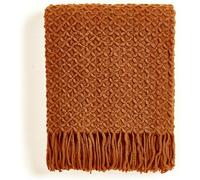 CREVENT Farmhouse Boho Knitted Throw Blanket for Couch Sofa Chair Bed Home Decoration, Soft Warm Cozy Light Weight for Spring Summer Fall (127X152cm Caramel/Rust Burnt Orange)