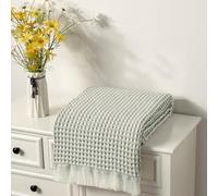 CREVENT Farmhouse Boho Knitted Throw Blanket for Couch Sofa Chair Bed Home Decoration, Soft Warm Cozy Light Weight for Spring Summer Fall (127cmX152cm Waffle Green)