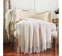 CREVENT Farmhouse Knit Throw Blanket for Couch Sofa Chair Bed Home Decoration, Soft Warm Cozy Light Weight Textured Cover for Spring Summer Fall(127cmX152cm Cream/White)