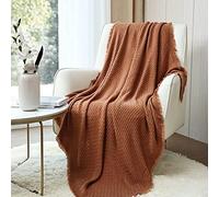 CREVENT Farmhouse Rust Knit Throw Blanket for Couch Sofa Chair Bed Home Decoration, Soft Warm Cozy Light Weight Textured Cover for Spring Summer Fall (127cmX152cm Caramel/Brown/Burnt Orange)