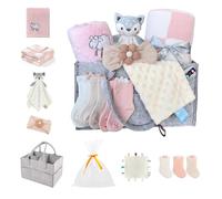 CREVENT Set for Girls -Diaper Caddy Organizer Basket with 2 Blankets, 1 Taggie, 1 Lovey, 3 Socks,1 Headband,1 Gift Bag with Ribbon - Newborn Essential Gift Set (Pink)