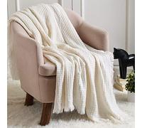 CREVENT Soft Lightweight Boho Crochet Decorative Spring Summer Knitted Throw Blanket for Couch Sofa Chair Bed Home Decoration (127cmX152cmOff White/Ivory)