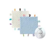 CREVENT Tag Security Blankets for Babies, Soft Small Loveys for Boys, Baby Comforter Sensory Blanket, Great Gifts for Birthday Baby Shower (24X24cm Blue + Ivory Tag)
