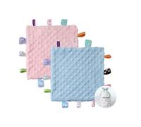 CREVENT Tag Security Blankets for Babies, Soft Small Loveys for Boys, Baby Comforter Sensory Blanket, Great Gifts for Birthday Baby Shower (24X24cm Blue + Pink Tag)