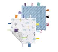 CREVENT Tag Security Blankets for Babies, Soft Small Loveys for Boys, Baby Comforter Sensory Blanket, Great Gifts for Birthday Baby Shower (24X24cm Dino + Blue)