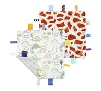 CREVENT Tag Security Blankets for Babies, Soft Small Loveys for Boys, Baby Comforter Sensory Blanket, Great Gifts for Birthday Baby Shower (24X24cm GiraffeDot+Dinosaur)