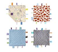 CREVENT Tag Security Blankets for Babies, Soft Small Loveys for Boys, Baby Comforter Sensory Blanket, Great Gifts for Birthday Baby Shower (24X24cm GiraffeDot+Zoo+Grey+Blue)