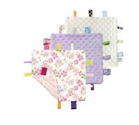 CREVENT Tag Security Blankets for Babies, Soft Small Loveys for Girls, Baby Comforter Sensory Blanket, Great Gifts for Birthday Baby Shower 24X24cm (Wildflow+Purple+ Ivory)
