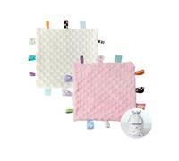CREVENT Tag Security Blankets for Babies, Soft Small Loveys for Girls, Baby Comforter Sensory Blanket, Great Gifts for Birthday Baby Shower 24X24cm(Ivory + Pink)