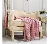 CREVENT Textured Solid Soft Sofa Couch Knitted Decorative Throw Blanket with Fringe for Girls, Soft Warm Cozy Light Weight for Spring Summer (127cmX152cm Dusty Pink/Coral)