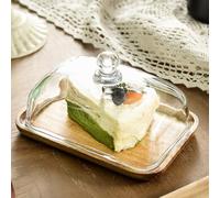 Crevyteg Wooden Butter Dish with Glass Lid, Clear Butter Cheese Cake Tray, Glass Butter Dish Wooden Cake Display Tray Rectangle Wood Cake Plate Dish for Dessert Candy Serving Tray - Acacia