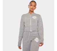 Crew Neck Cinched Waist Swirl Detail Cropped Jacket In Light Grey Knit, Women's Size UK Extra Small XS