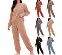 Crew Neck Fleece Pyjamas Women Fleece Loungewear Sets For Women Super Soft Cozy Pyjamas Fluffy Winter Loungewear Ladies Plush Sherpa Lined Sleepwear Thermal Pjs Sleepwear Fuzzy Lounge Wear Sets