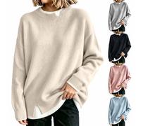 Crew Neck Jumpers for Women Trendy Patchwork Long Sleeve Pullover Tops Oversized Drop Shoulder Sweatshirts Cozy Lounge Base Layer Sweater Fall Winter Casual Teacher Outfits for Women 2026 Beige