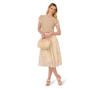 Crew Neck Pointelle Wavy Striped Scalloped Edge Sweater Adrianna Papell Beige M