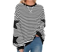 Crew Neck Pullover, Colour Block Long Sleeve Hoodie, Women's Sweatshirt, Oversize Sweatshirt, Striped Hoodie, Casual Top, High Quality Loose Tops, black, XL