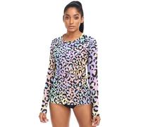 Crew Neck UV Protection Top Retro Leopard Spot Womens Rash Guard Outdoor X-Small, Neon Gradient Leopard, Large