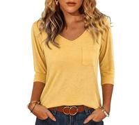 Crewhpo 3/4 Sleeve Tops for Women V-Neck Basic Tunic Blouses Plain T Shirts