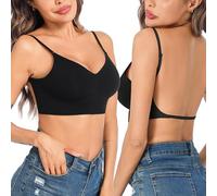 Crewhpo Low Back Bras for Women Non Wired Seamless Bra Invisible Backless Bra Wirefree Push Up Bra with Multiway Convertible Strap Black