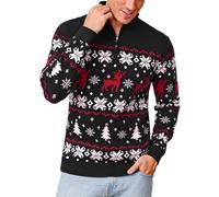 Crewhpo Men's Christmas Jumper 1/4 Zip Knitted Turtleneck Sweater Long Sleeve Mock Neck Pullover Winter Warm Xmas Jumpers A-Black