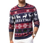 Crewhpo Mens Christmas Jumpers Crew Neck Knitted Sweaters Merry Christmas Reindeer Snowflake Novelty Pullover Funny Xmas Sweatshirt