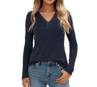 Crewhpo Thermal Tops Women Long Sleeve Lace V Neck Base Layers Fleece Lined Undershirt Ladies Thermal Underwear Shirt Slim Fit Blue