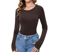 Crewhpo Womens Long Sleeve Base Layer Tops Ladies Round Neck Thermal Underwear Slim Fitted Undershirt Casual Basic T-Shirt Top with Thumb Holes Brown