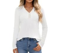 Crewhpo Womens Thermal Tops Long Sleeve Base Layer Lace V Neck Thermal Underwear Shirt Cotton Thermal Vest Winter Warm Basic Top White